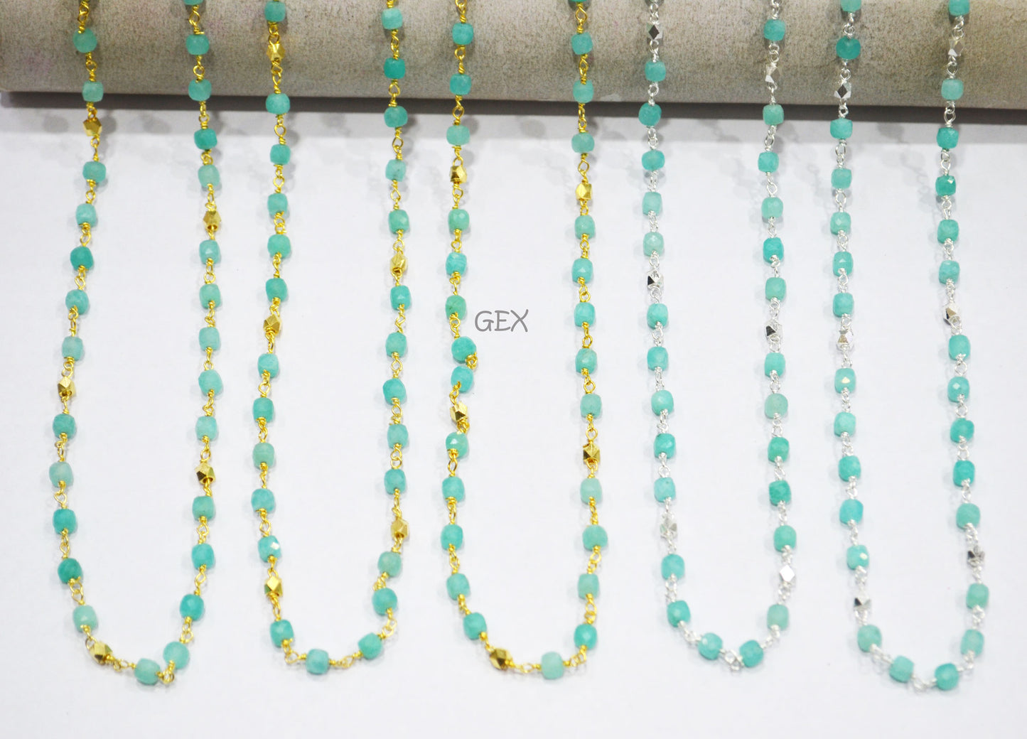 Amazonite Faceted 3D Box Shape Rosary Beaded Chain , Amazonite Cube With Brass Beads Wire Wrapped Chain , 3 - 4 mm , 7239