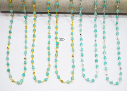 Amazonite Faceted 3D Box Shape Rosary Beaded Chain , Amazonite Cube With Brass Beads Wire Wrapped Chain , 3 - 4 mm , 7239