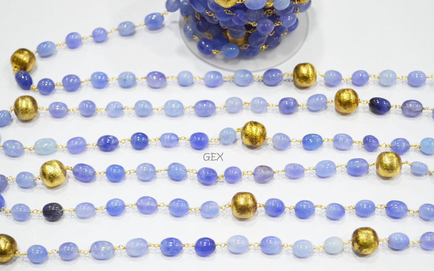 Dyed Blue Tanzanite Quartz Smooth Oval Nuggets Rosary Beaded Chain , Tanzanite Quartz With Brass Beads Wire Wrapped Chain , 7x10 - 8x11 mm , 7240