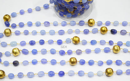 Dyed Blue Tanzanite Quartz Smooth Oval Nuggets Rosary Beaded Chain , Tanzanite Quartz With Brass Beads Wire Wrapped Chain , 7x10 - 8x11 mm , 7240