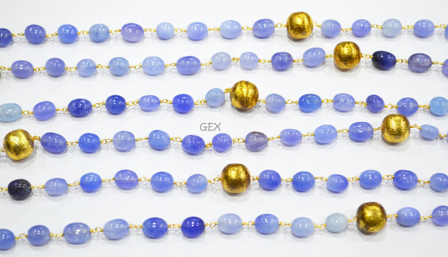 Dyed Blue Tanzanite Quartz Smooth Oval Nuggets Rosary Beaded Chain , Tanzanite Quartz With Brass Beads Wire Wrapped Chain , 7x10 - 8x11 mm , 7240