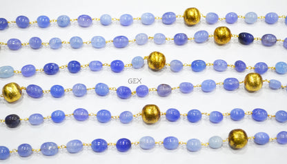 Dyed Blue Tanzanite Quartz Smooth Oval Nuggets Rosary Beaded Chain , Tanzanite Quartz With Brass Beads Wire Wrapped Chain , 7x10 - 8x11 mm , 7240