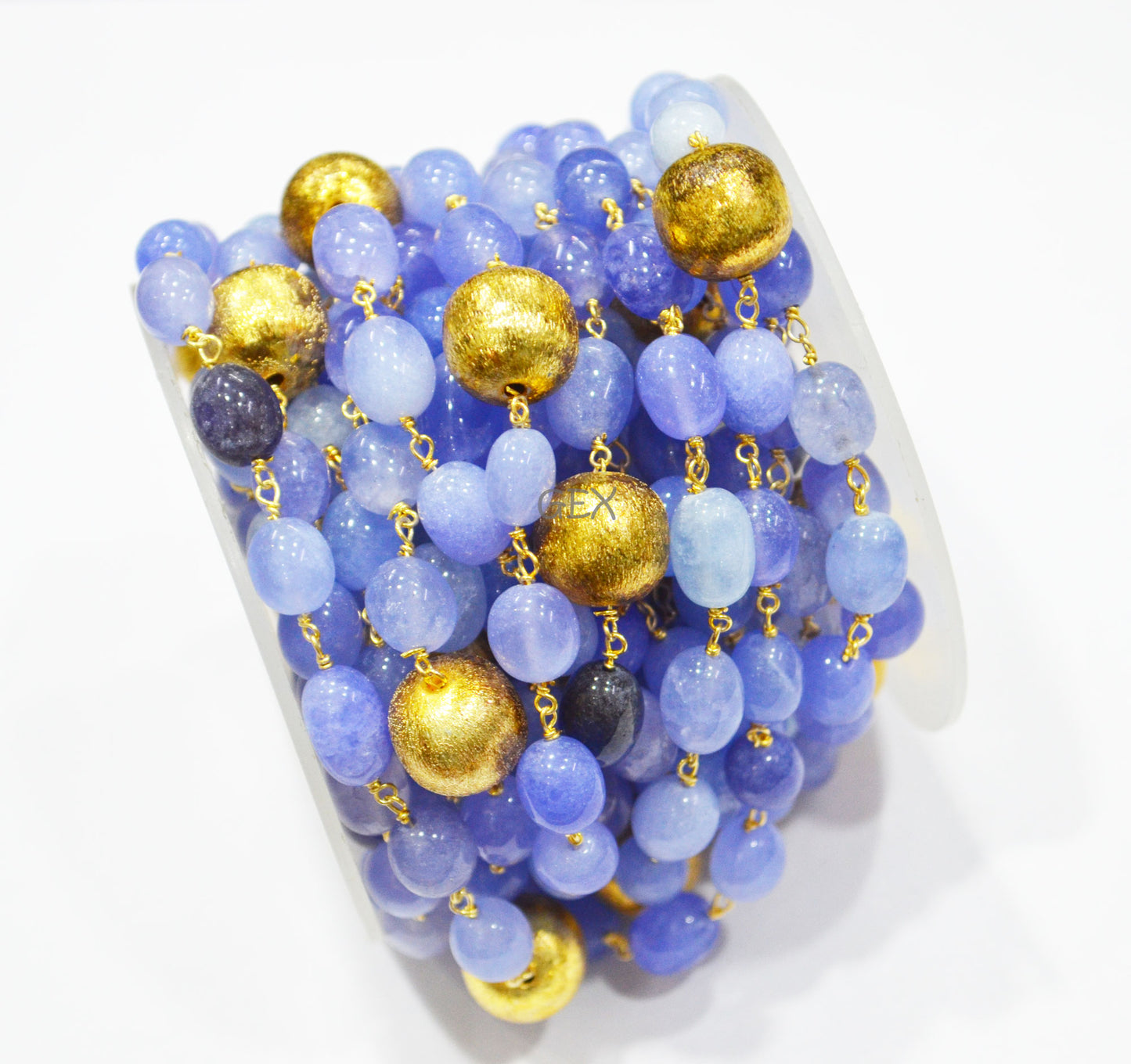 Dyed Blue Tanzanite Quartz Smooth Oval Nuggets Rosary Beaded Chain , Tanzanite Quartz With Brass Beads Wire Wrapped Chain , 7x10 - 8x11 mm , 7240