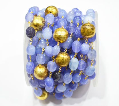 Dyed Blue Tanzanite Quartz Smooth Oval Nuggets Rosary Beaded Chain , Tanzanite Quartz With Brass Beads Wire Wrapped Chain , 7x10 - 8x11 mm , 7240