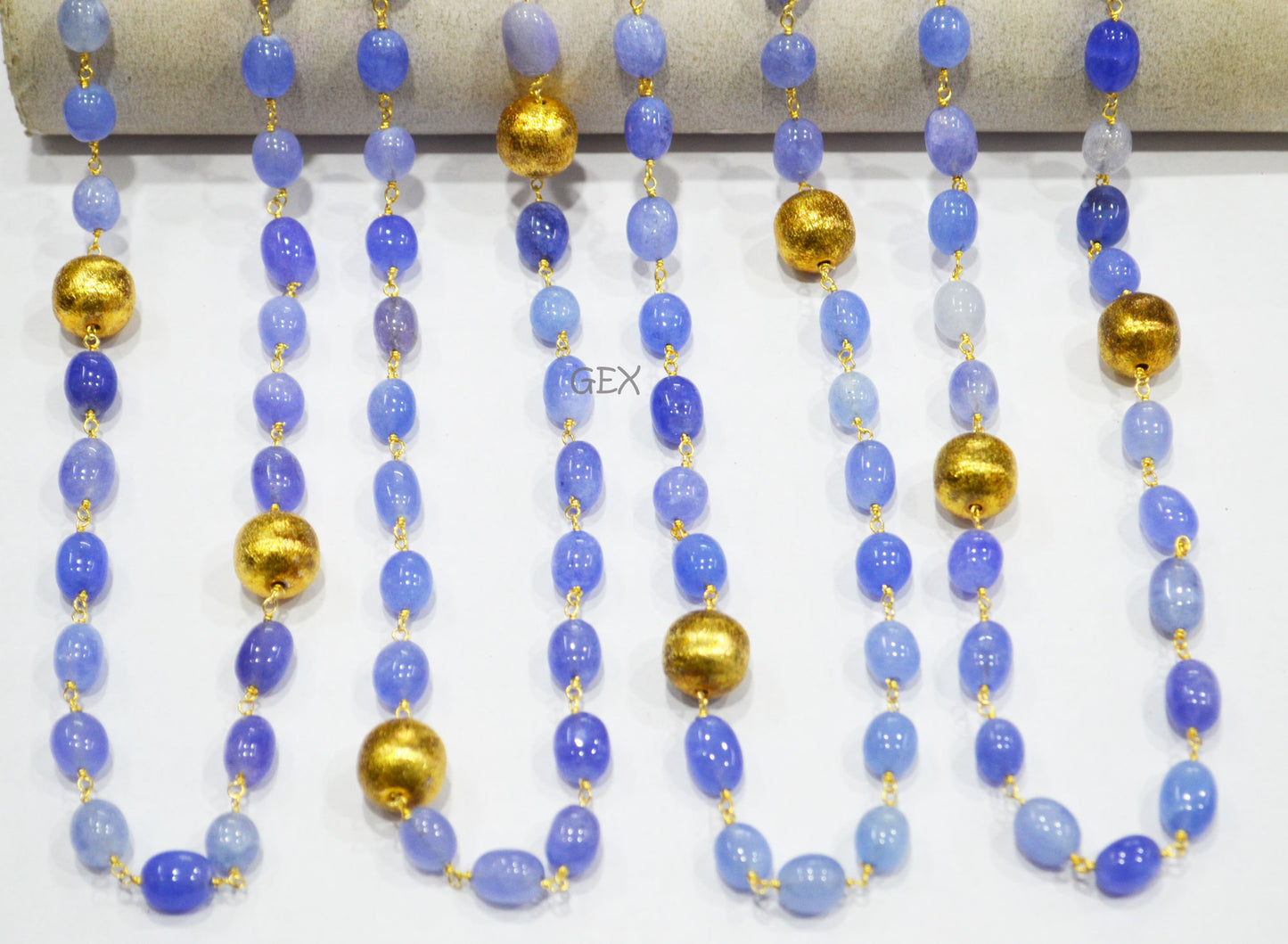 Dyed Blue Tanzanite Quartz Smooth Oval Nuggets Rosary Beaded Chain , Tanzanite Quartz With Brass Beads Wire Wrapped Chain , 7x10 - 8x11 mm , 7240