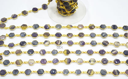 Multi Fluorite Faceted Hexagon Shape Connector Chain , 10 - 11 mm , RB-7243