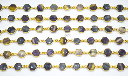 Multi Fluorite Faceted Hexagon Shape Connector Chain , 10 - 11 mm , RB-7243
