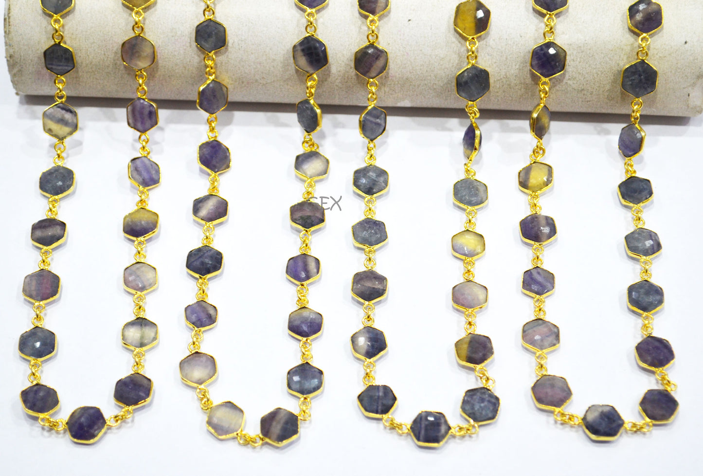 Multi Fluorite Faceted Hexagon Shape Connector Chain , 10 - 11 mm , RB-7243