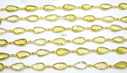 Natural Lemon Quartz Faceted Pear Shape Connector Chain , 11x20 mm , RB-7245