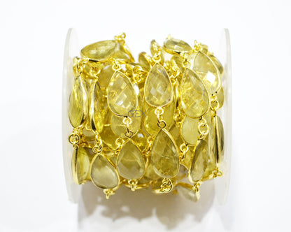 Natural Lemon Quartz Faceted Pear Shape Connector Chain , 11x20 mm , RB-7245