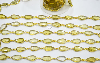 Natural Lemon Quartz Faceted Pear Shape Connector Chain , 11x20 mm , RB-7245
