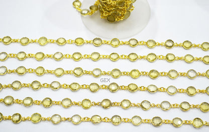 Natural Lemon Quartz Faceted Coin Shape Connector Chain , 8 mm , RB-7246