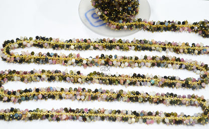 Multi Tourmaline Faceted Round Shape Grape Chain , Multi Tourmaline Angoori Cluster Wire Wrapped Chain , 4 mm , 7249