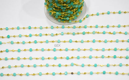 Amazonite Faceted 3D Box Shape Rosary Beaded Chain , Amazonite Cube With Pyrite Round Shape Beaded Wire Wrapped Chain  ,  3 - 4 mm ,RB-7250