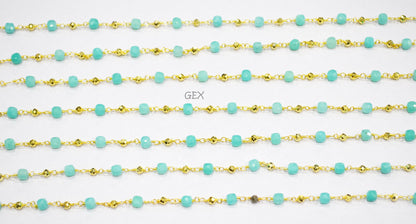 Amazonite Faceted 3D Box Shape Rosary Beaded Chain , Amazonite Cube With Pyrite Round Shape Beaded Wire Wrapped Chain  ,  3 - 4 mm ,RB-7250