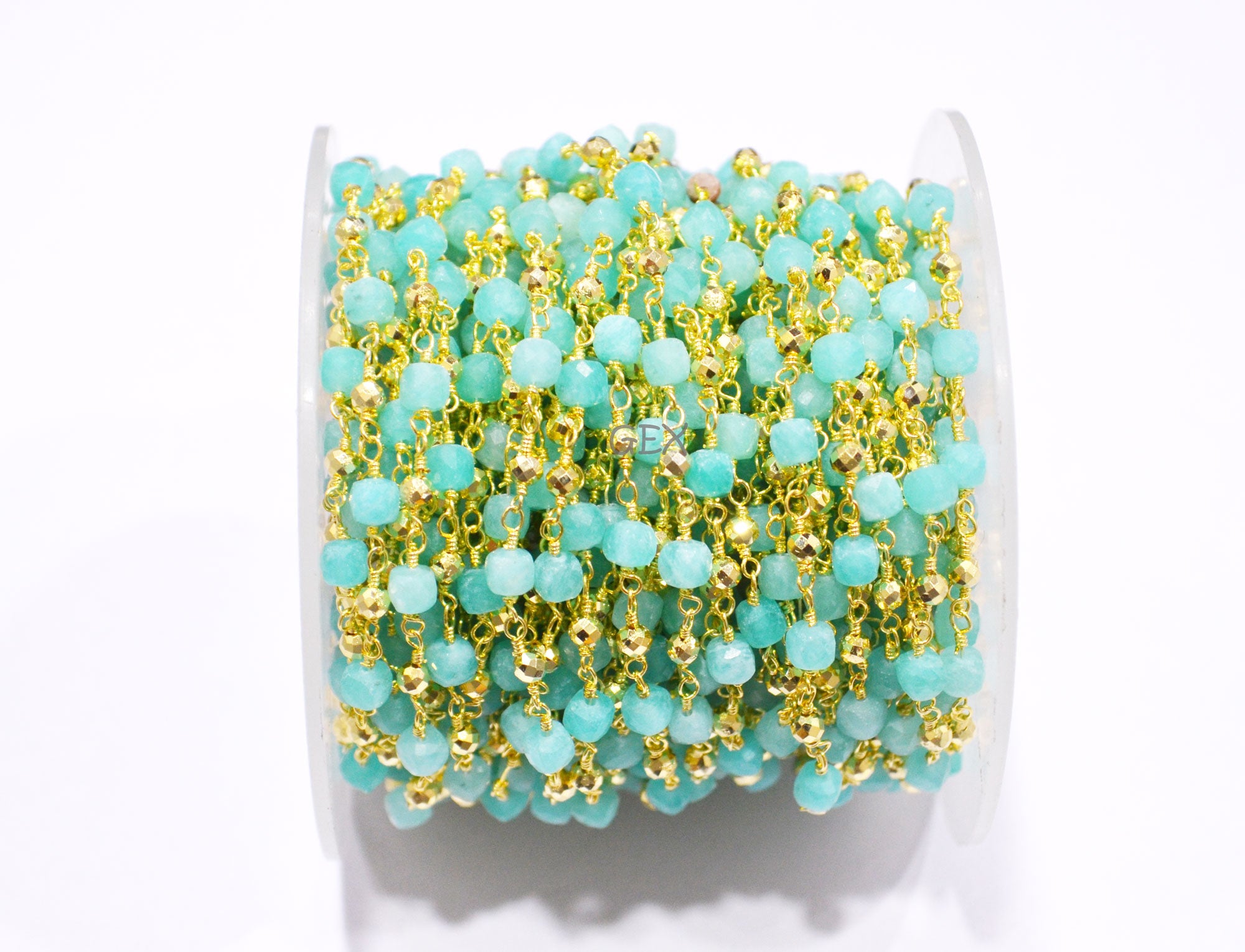 Amazonite Faceted 3D Box Shape Rosary Beaded Chain , Amazonite Cube With Pyrite Round Shape Beaded Wire Wrapped Chain  ,  3 - 4 mm ,RB-7250