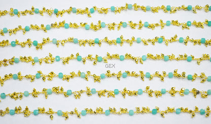 Amazonite Faceted 3D Box Shape Angoori Cluster Chain , Amazonite Cube With Pyrite Round Shape Beaded Dangling Chain , 3 - 4 mm , 7251