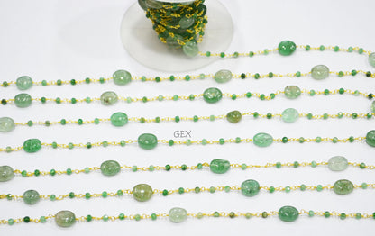Green Strawberry Quartz Faceted Round Shape Rosary Beaded Chain , Green Strawberry Quartz Smooth Oval Shape Wire Wrapped Chain , 3 mm , 7252