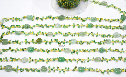 Green Strawberry Quartz Faceted Round Shape Angoori Cluster Chain , Green Strawberry Quartz Smooth Oval Shape Dangling Chain , 3 mm , 7253
