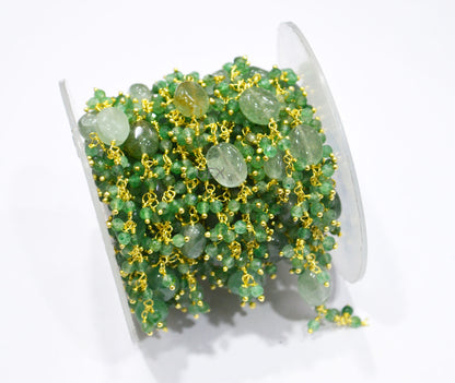 Green Strawberry Quartz Faceted Round Shape Angoori Cluster Chain , Green Strawberry Quartz Smooth Oval Shape Dangling Chain , 3 mm , 7253