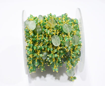 Green Strawberry Quartz Faceted Round Shape Angoori Cluster Chain , Green Strawberry Quartz Smooth Oval Shape Dangling Chain , 3 mm , 7253