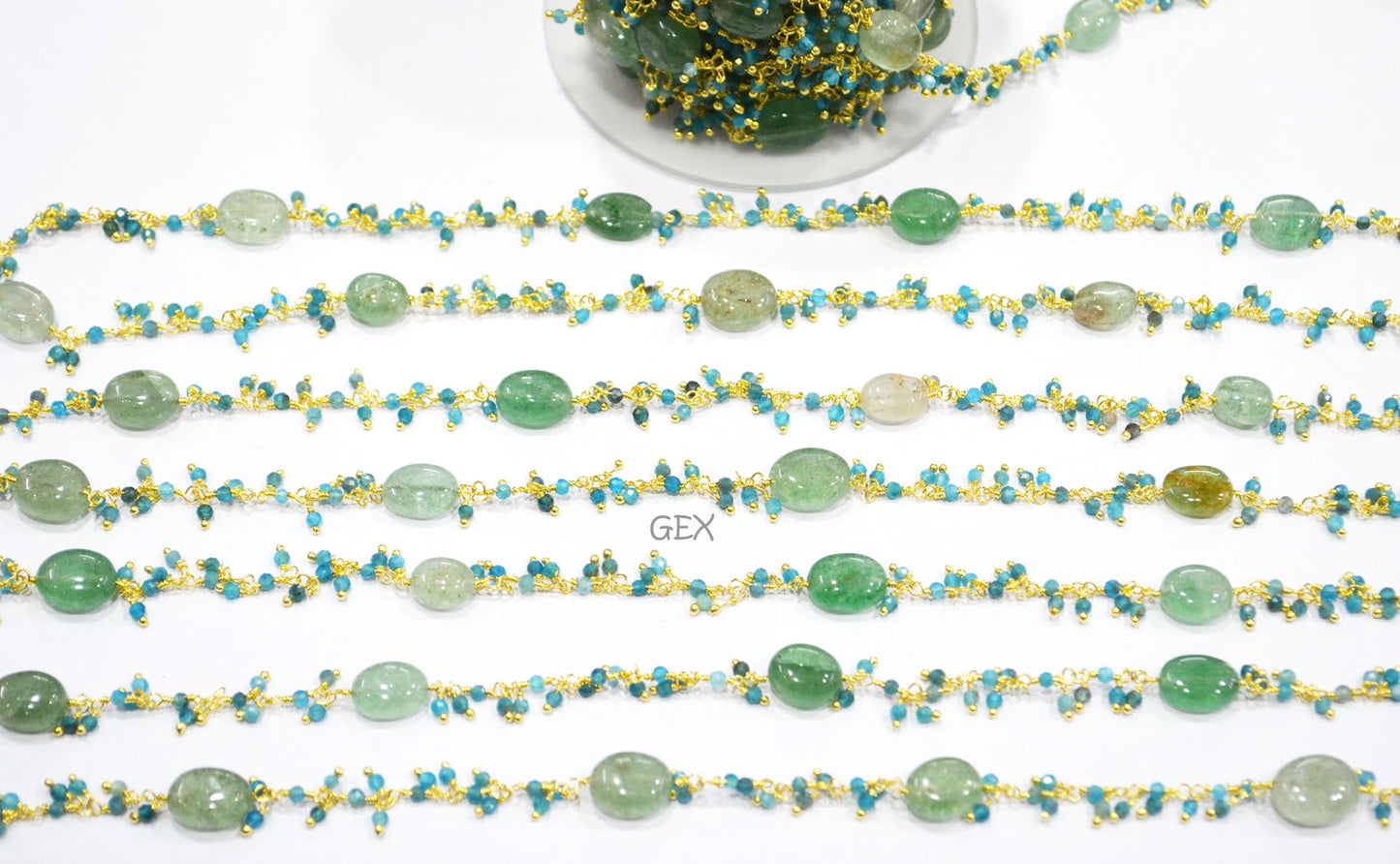 Neon Apatite Faceted Round Shape Angoori Cluster Chain , Green Strawberry Quartz Smooth Oval Shape Dangling Chain , 2 mm , 7255