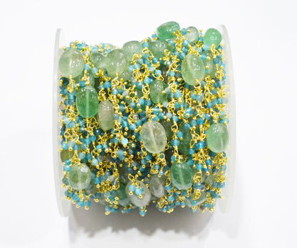 Neon Apatite Faceted Round Shape Angoori Cluster Chain , Green Strawberry Quartz Smooth Oval Shape Dangling Chain , 2 mm , 7255