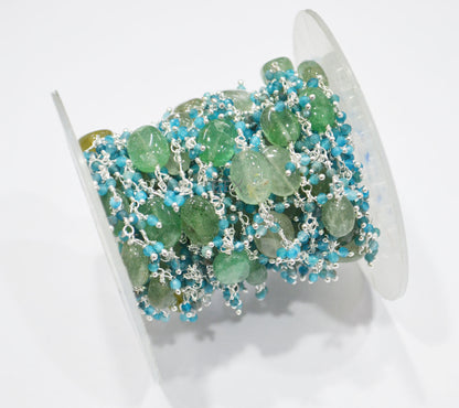 Neon Apatite Faceted Round Shape Angoori Cluster Chain , Green Strawberry Quartz Smooth Oval Shape Dangling Chain , 2 mm , 7255
