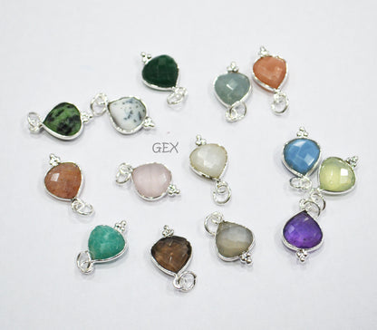 Multi Semi Precious Faceted Heart Shape Connector ,Multi Semi Precious Gemstone Single Bail Bezel Pendant , Sold By Piece , 10 - 11 mm ,7256