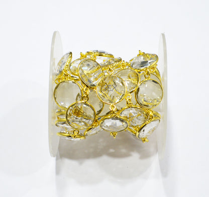 Crystal Hydro Quartz Faceted Coin Shape Connector Chain , 15 mm , RB-7259