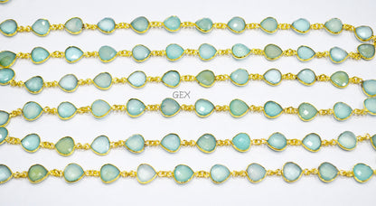 Aqua Chalcedony Faceted Heart Shape Connector Chain , 10 mm , RB-7260