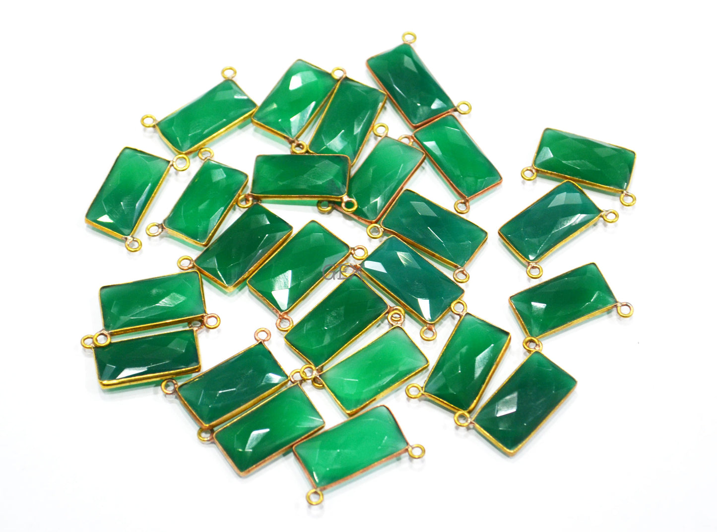 Green Onyx Faceted Baguette Shape Double Bail Connector , Sold By Piece , 10x20 mm , RB-7267