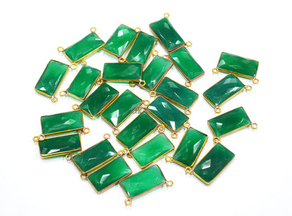 Green Onyx Faceted Baguette Shape Double Bail Connector , Sold By Piece , 10x20 mm , RB-7267