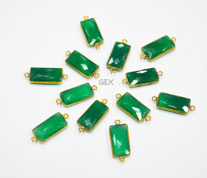 Green Onyx Faceted Baguette Shape Double Bail Connector , Sold By Piece , 10x20 mm , RB-7268