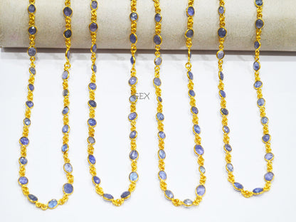 Tanzanite Faceted Slice Shape Connector Chain , Tanzanite Free Form Shape Bezel Link Chain , 4x5 - 6x8 mm , RB-7297