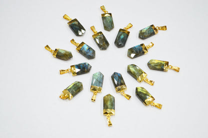 Flashy Labradorite Electroplated Bullet Shape Pendant , Labradorite Faceted Charm , Sold By Piece , 10x20 mm , RB-7312