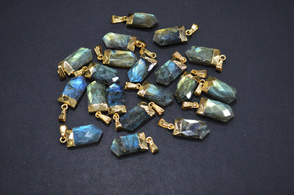 Flashy Labradorite Electroplated Bullet Shape Pendant , Labradorite Faceted Charm , Sold By Piece , 10x20 mm , RB-7312