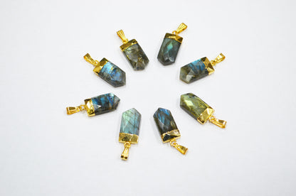 Flashy Labradorite Electroplated Bullet Shape Pendant , Labradorite Faceted Charm , Sold By Piece , 10x20 mm , RB-7312