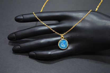 Sky Blue Solar Quartz Smooth Coin Shape Pendant With Adjustable Chain And Lobster Lock Necklace , 14 mm , RB-7321