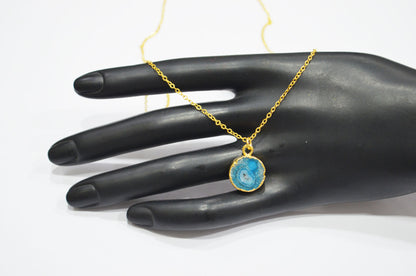 Sky Blue Solar Quartz Smooth Coin Shape Pendant With Adjustable Chain And Lobster Lock Necklace , 14 mm , RB-7321