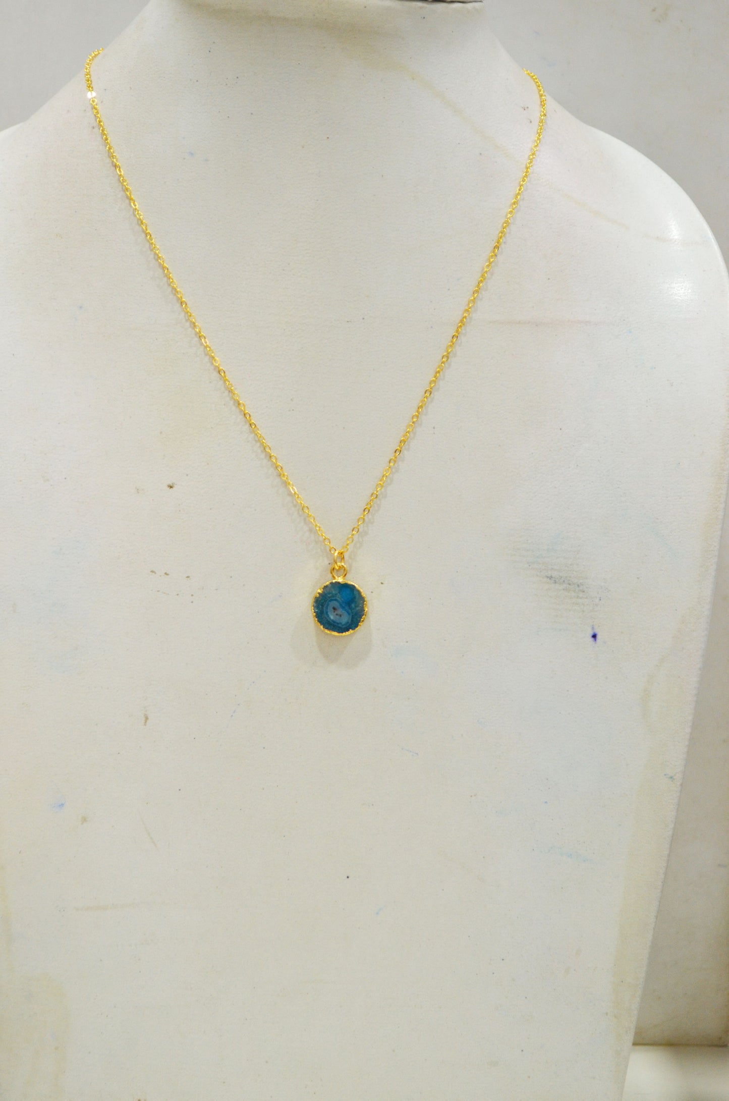 Sky Blue Solar Quartz Smooth Coin Shape Pendant With Adjustable Chain And Lobster Lock Necklace , 14 mm , RB-7321