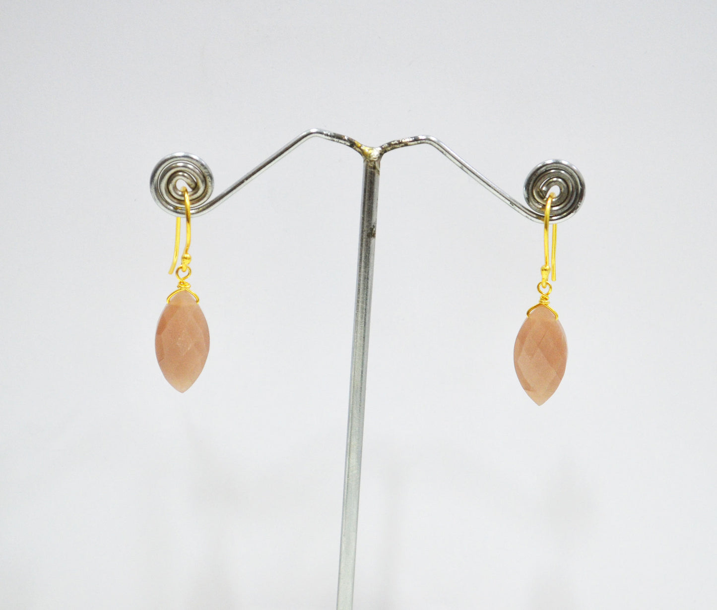 Peach Moonstone Faceted Marquise Shape Earrings , Peach Moonstone Gold Plated Brass Dangle Earrings , Women Earrings , 10x20 mm , RB-7344