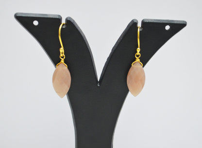 Peach Moonstone Faceted Marquise Shape Earrings , Peach Moonstone Gold Plated Brass Dangle Earrings , Women Earrings , 10x20 mm , RB-7344