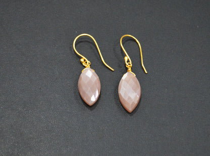 Peach Moonstone Faceted Marquise Shape Earrings , Peach Moonstone Gold Plated Brass Dangle Earrings , Women Earrings , 10x20 mm , RB-7344