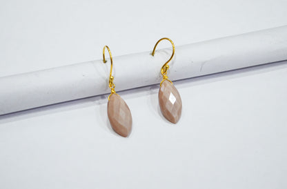 Peach Moonstone Faceted Marquise Shape Earrings , Peach Moonstone Gold Plated Brass Dangle Earrings , Women Earrings , 10x20 mm , RB-7344