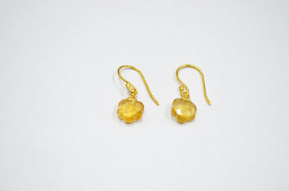 Citrine Faceted Flower Shape Earrings , Citrine Gold Plated Brass Dangle Earrings , Women Earrings , 10 mm , RB-7345