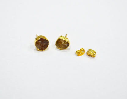 Raw Citrine Electroplated Stud Earrings , Citrine Gold Electroplated Earrings , Raw Gemstone Earrings , Women Earrings , 10 mm , RB-7348