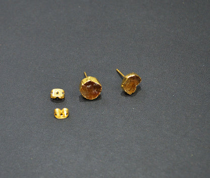 Raw Citrine Electroplated Stud Earrings , Citrine Gold Electroplated Earrings , Raw Gemstone Earrings , Women Earrings , 10 mm , RB-7348