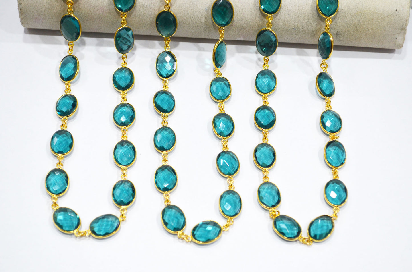 Teal Green Hydro Quartz Faceted Oval Shape Connector Chain , 12x15 mm , RB-7361