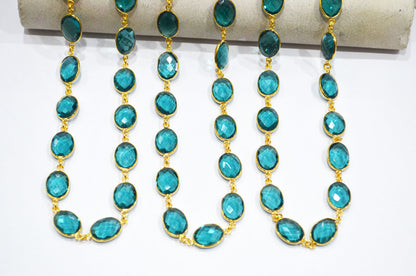 Teal Green Hydro Quartz Faceted Oval Shape Connector Chain , 12x15 mm , RB-7361